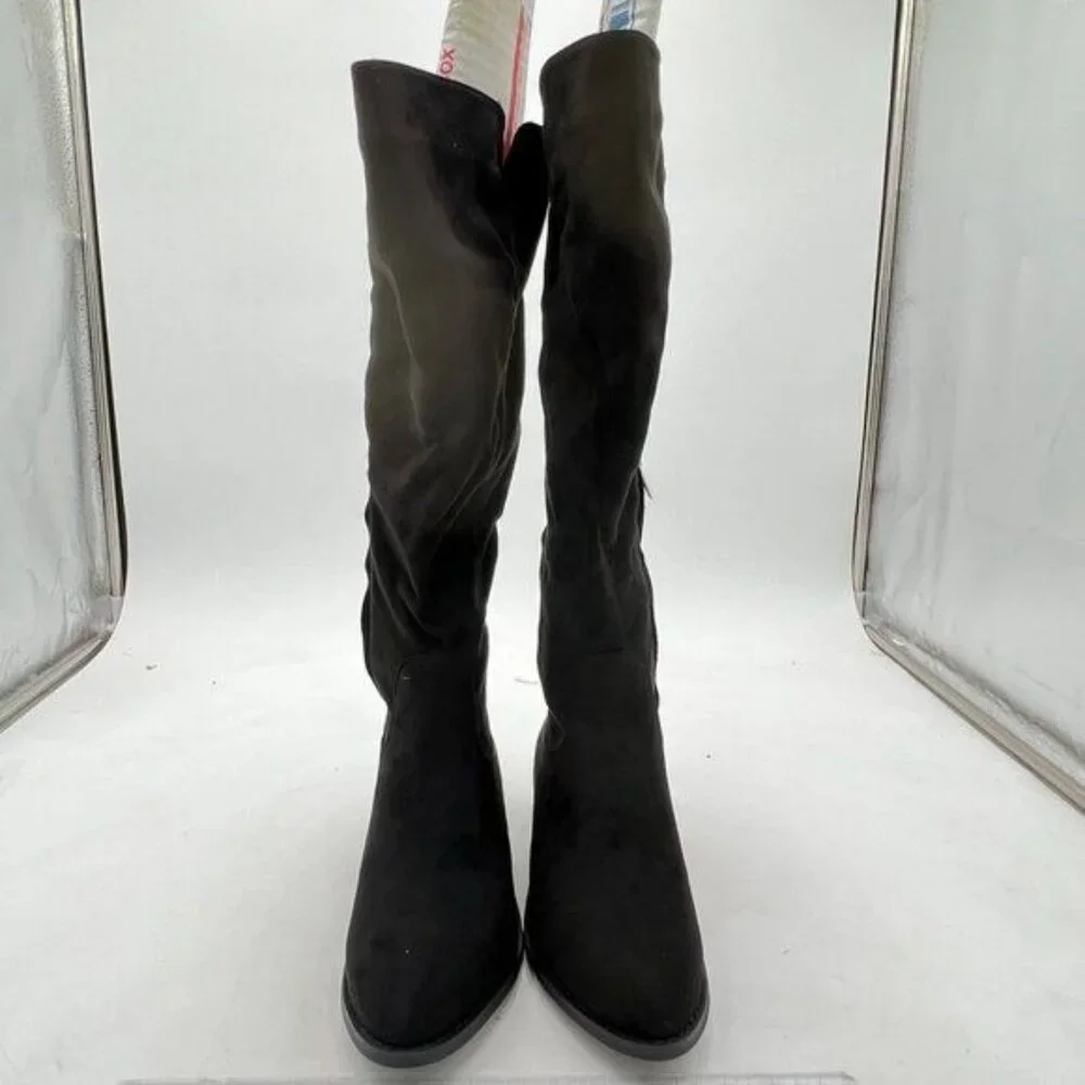 Black Women Stylish Knee High Boots Faux Suede Thigh High Low Block Heel Boots